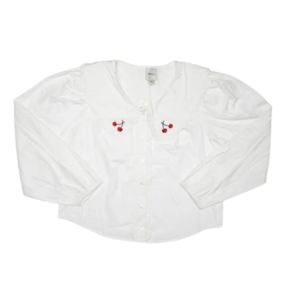 Anthropologie Maeve Long-Sleeve Sailor Collared Ruffle-Front Blouse White M